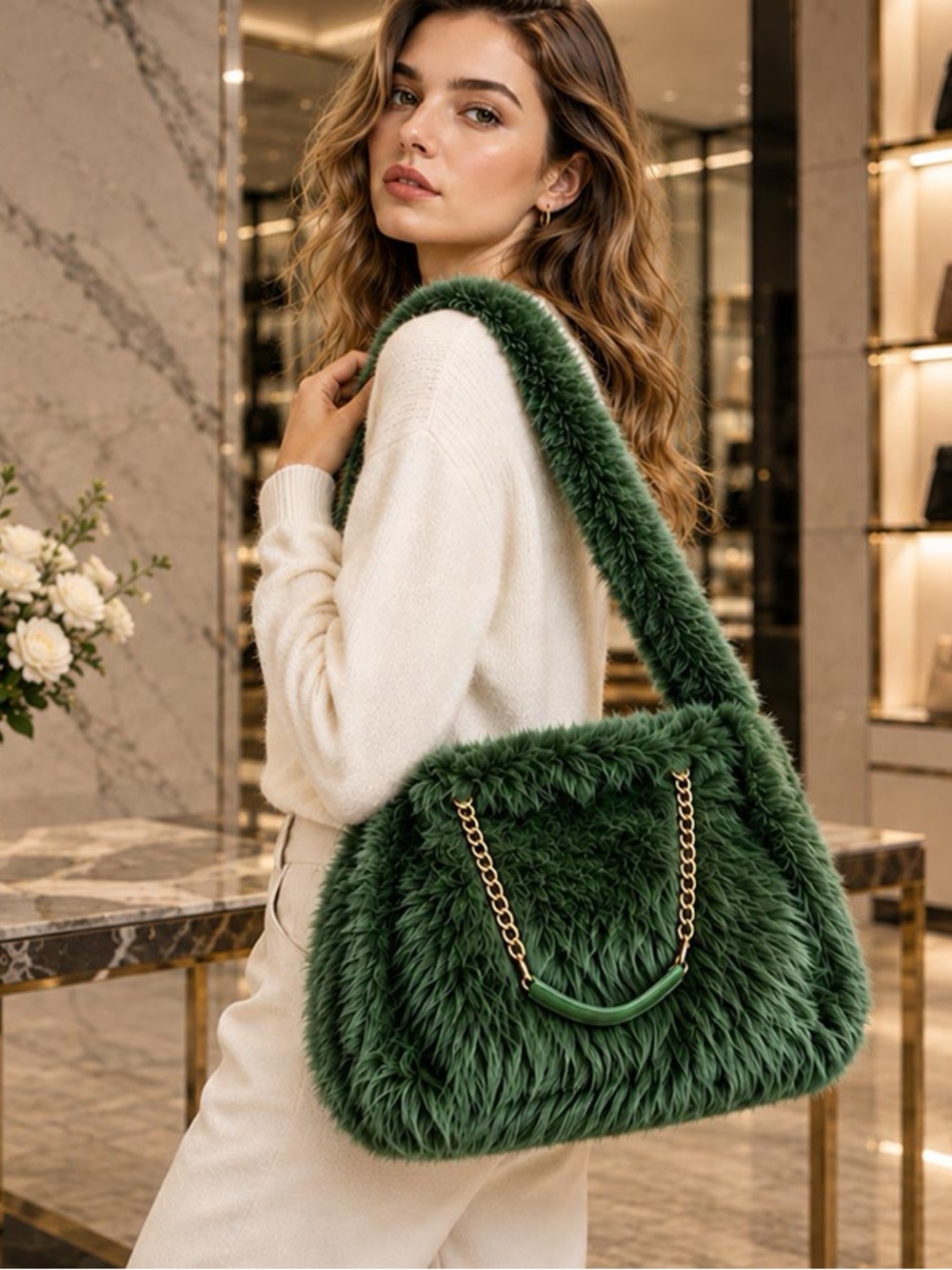 Plush Faux-Fur Shoulder Bag in Forest Green